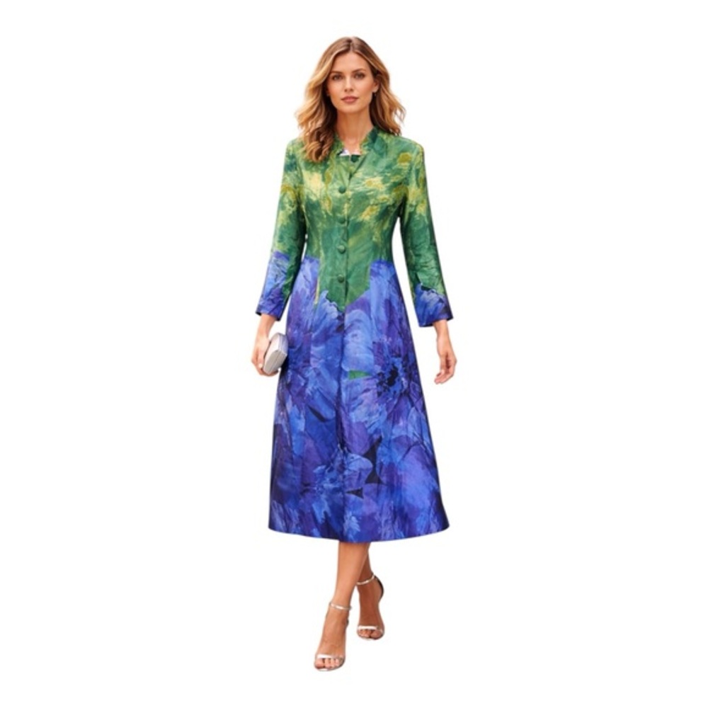 K Jordan Green Blue Abstract Art Print Long Coat Jacket Size 8 Statement Artwear